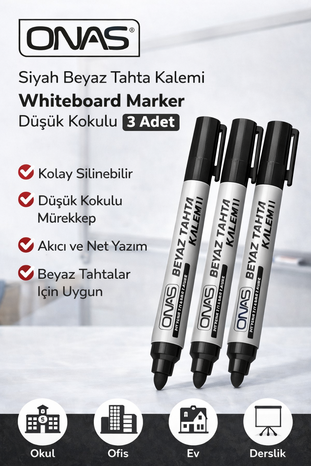 Onas Siyah Beyaz Tahta Kalemi Whiteboard Marker Düşük Kokulu 3 Adet