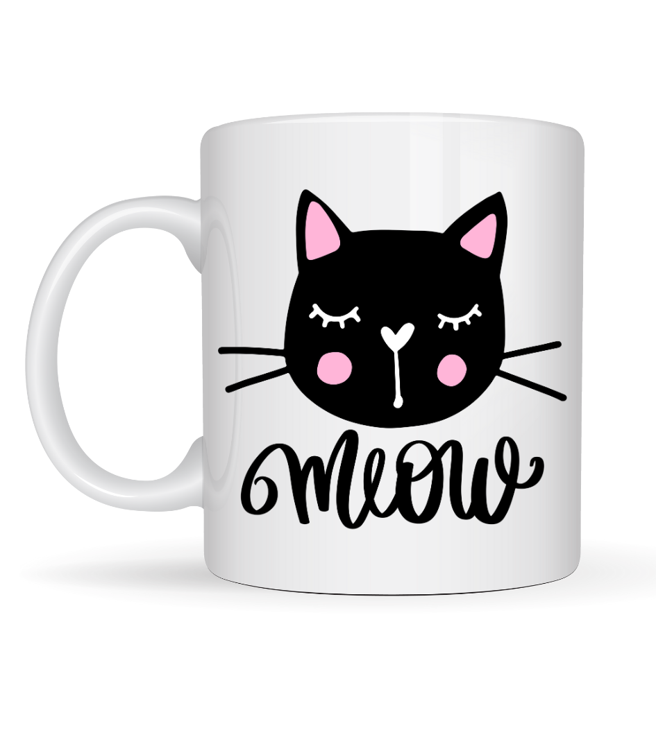 Sevimli Kedi Desenli Porselen Kupa MODEL 63 – “Meow” Yazılı Kahve &amp; Çay Keyfi İçin Tatlı Tasarım