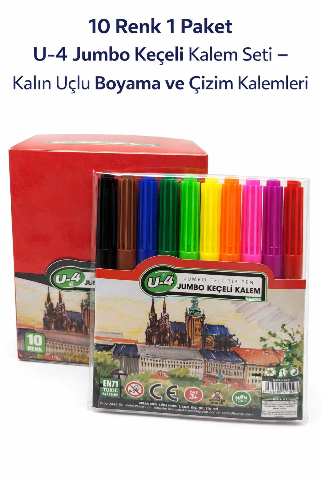 U-4 Jumbo Keçeli Kalem Seti 10 Renk – Kalın Uçlu Boyama ve Çizim Kalemi Seti (1 Paket)