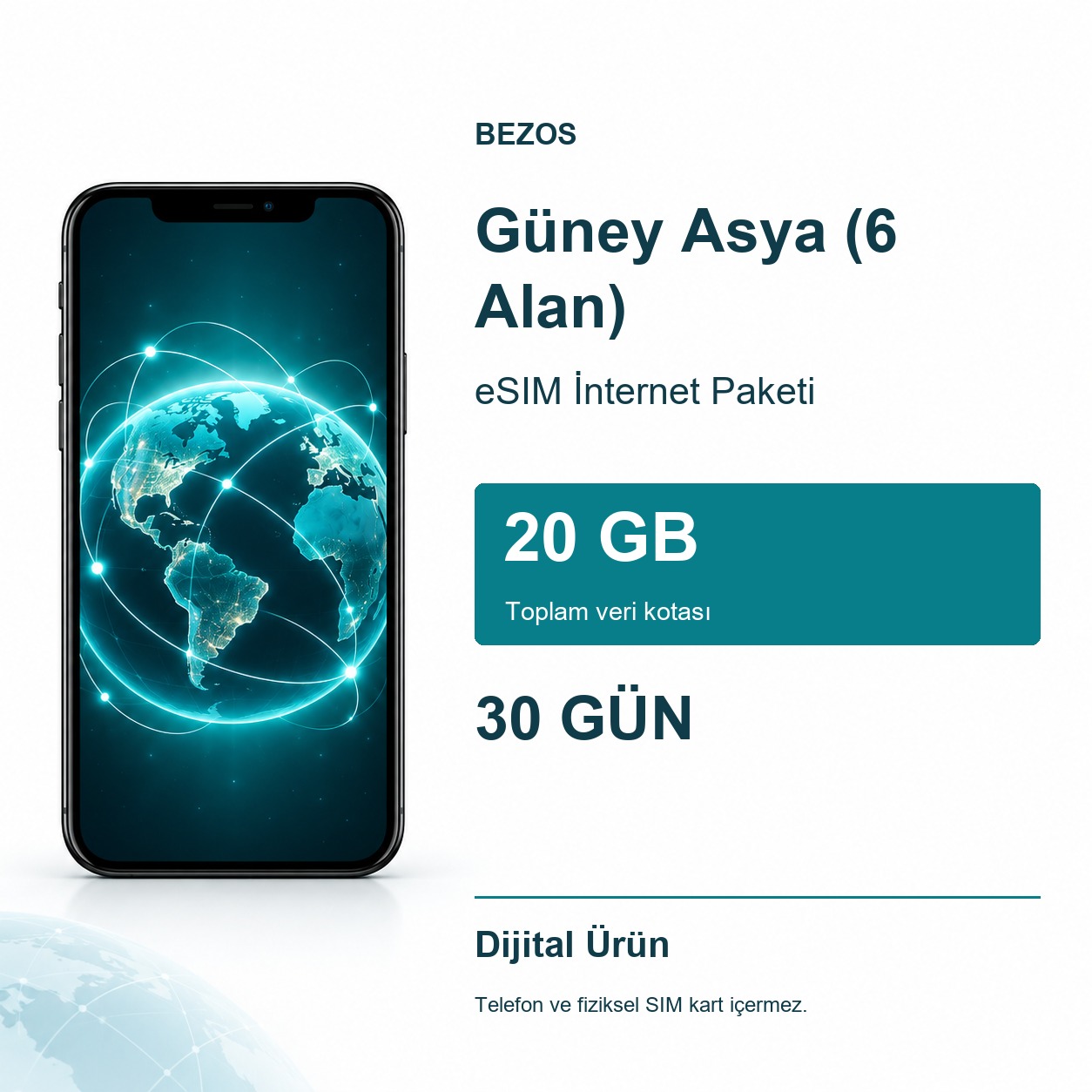 Güney Asya (6 Alan) eSIM İnternet Paketi 20 GB 30 Gün