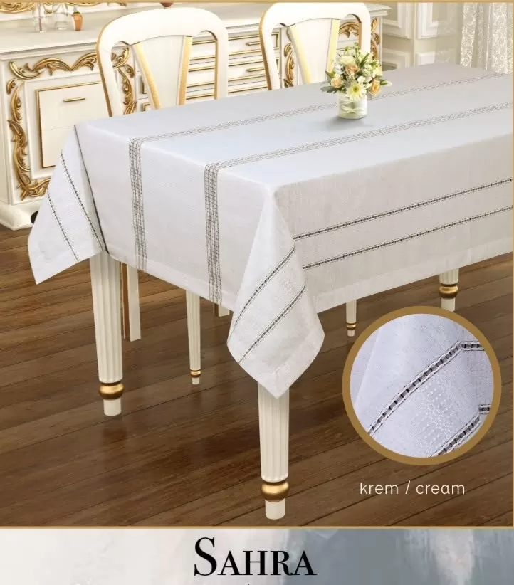 Sahra Model Krem 160x220 cm Polyester Ajurlu Keten Masa Örtüsü Tablecloth