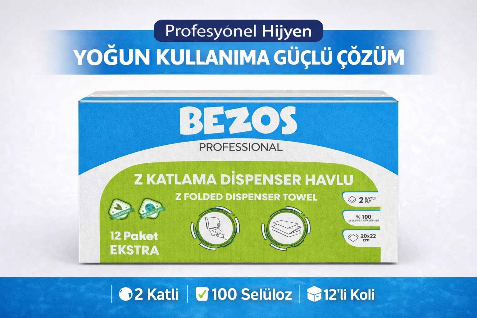 Bezos Professional Z Katlamalı Dispenser Havlu 2 Katlı %100 Selüloz 20x22 cm 12’li Koli