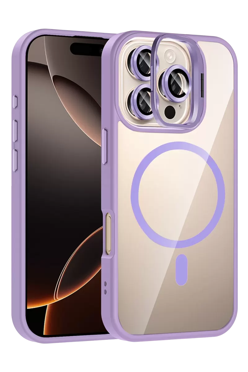 iPhone 16 Pro Max Remim Lensli Magsafe Standlı Kapak - Lila