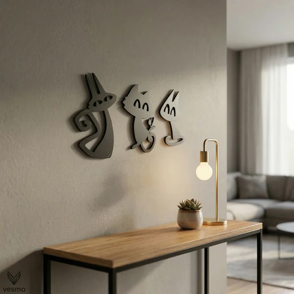 3’lü Dekoratif Kedi Duvar Tablosu MDF Lazer Kesim Modern Duvar Süsü Minimal Kedi Figürlü Dekor