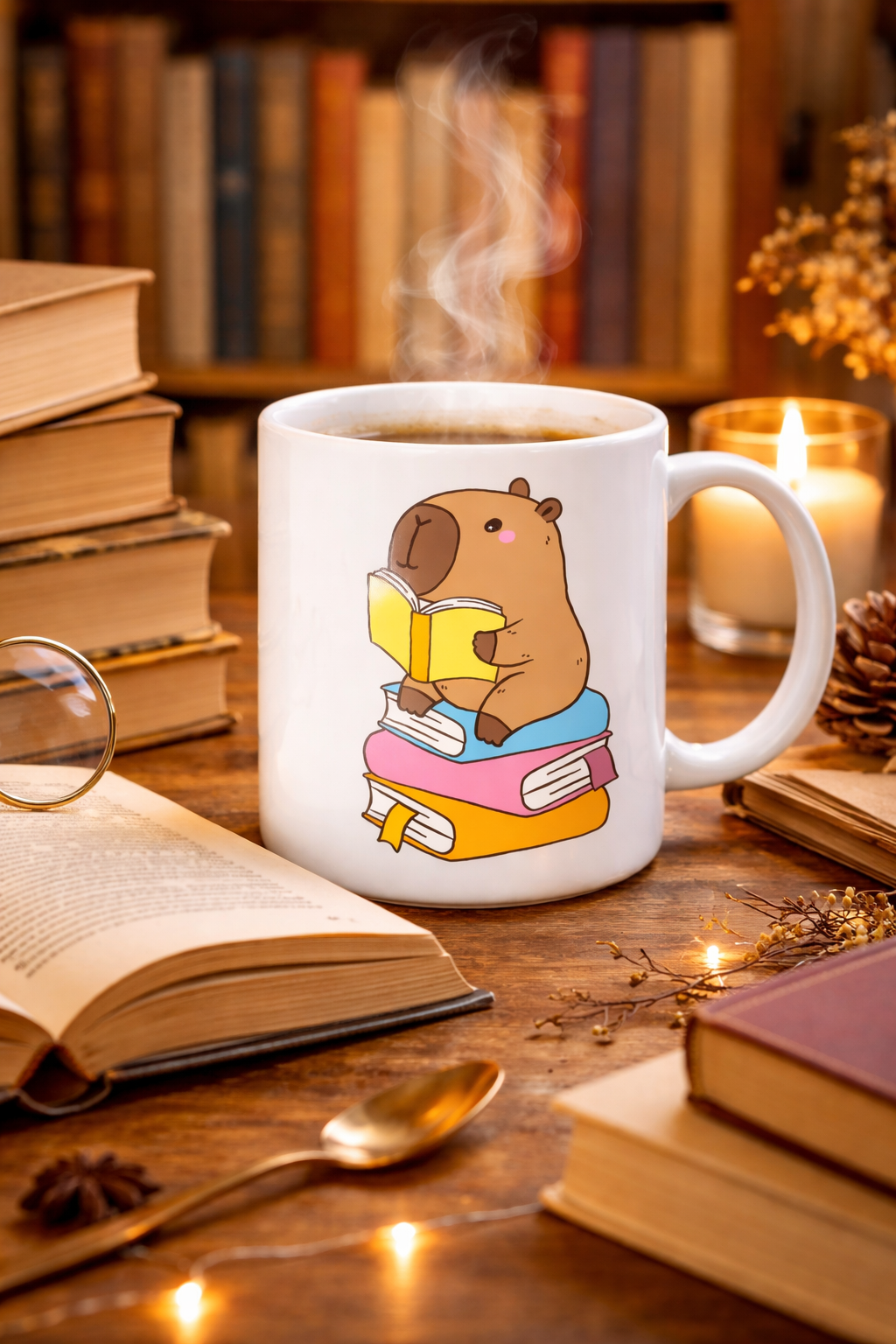 Kitap Okuyan Kapibara Tasarımlı Porselen Kupa MODEL 100 – Kahve &amp; Çay Keyfi İçin Sıcacık ve Sevimli Tasarım CAPYBARA