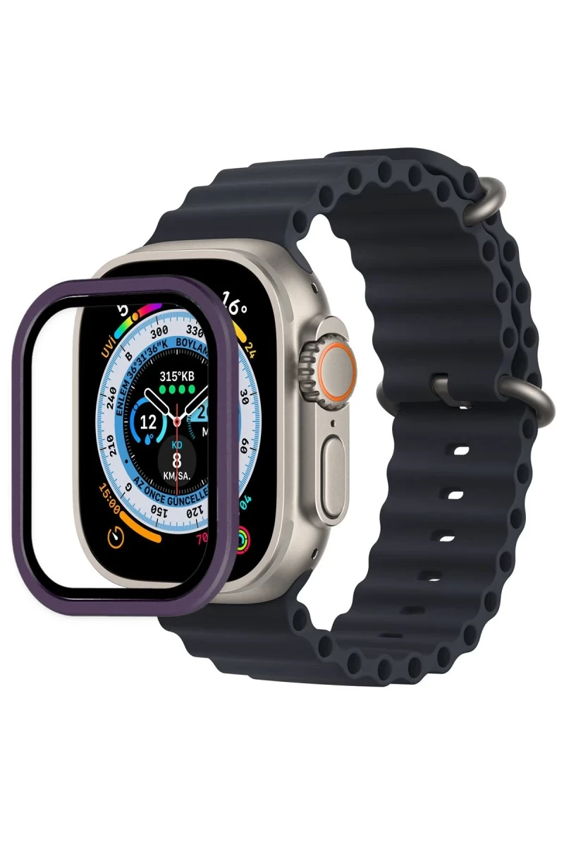 Apple Watch Ultra 49mm Uyumlu Alüminyum Kasa Cam Ekran Koruyucu - Mor