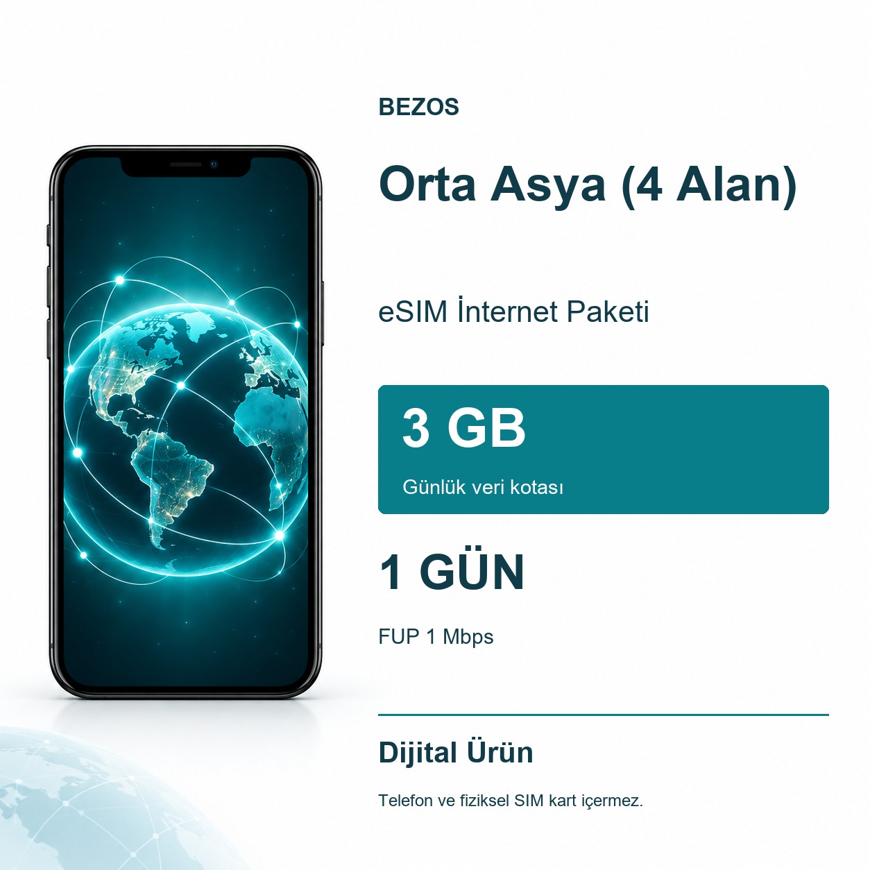 Orta Asya (4 Alan) eSIM İnternet Paketi Günlük 3 GB 1 Gün - FUP 1 Mbps