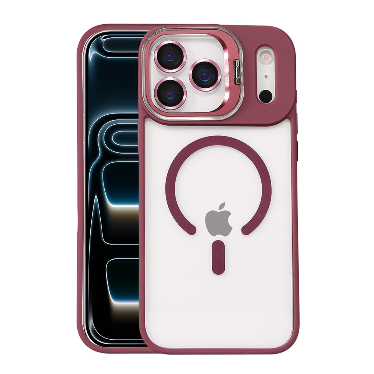 iPhone 17 Pro Remim Lensli Magsafe Standlı Kapak - Bordo
