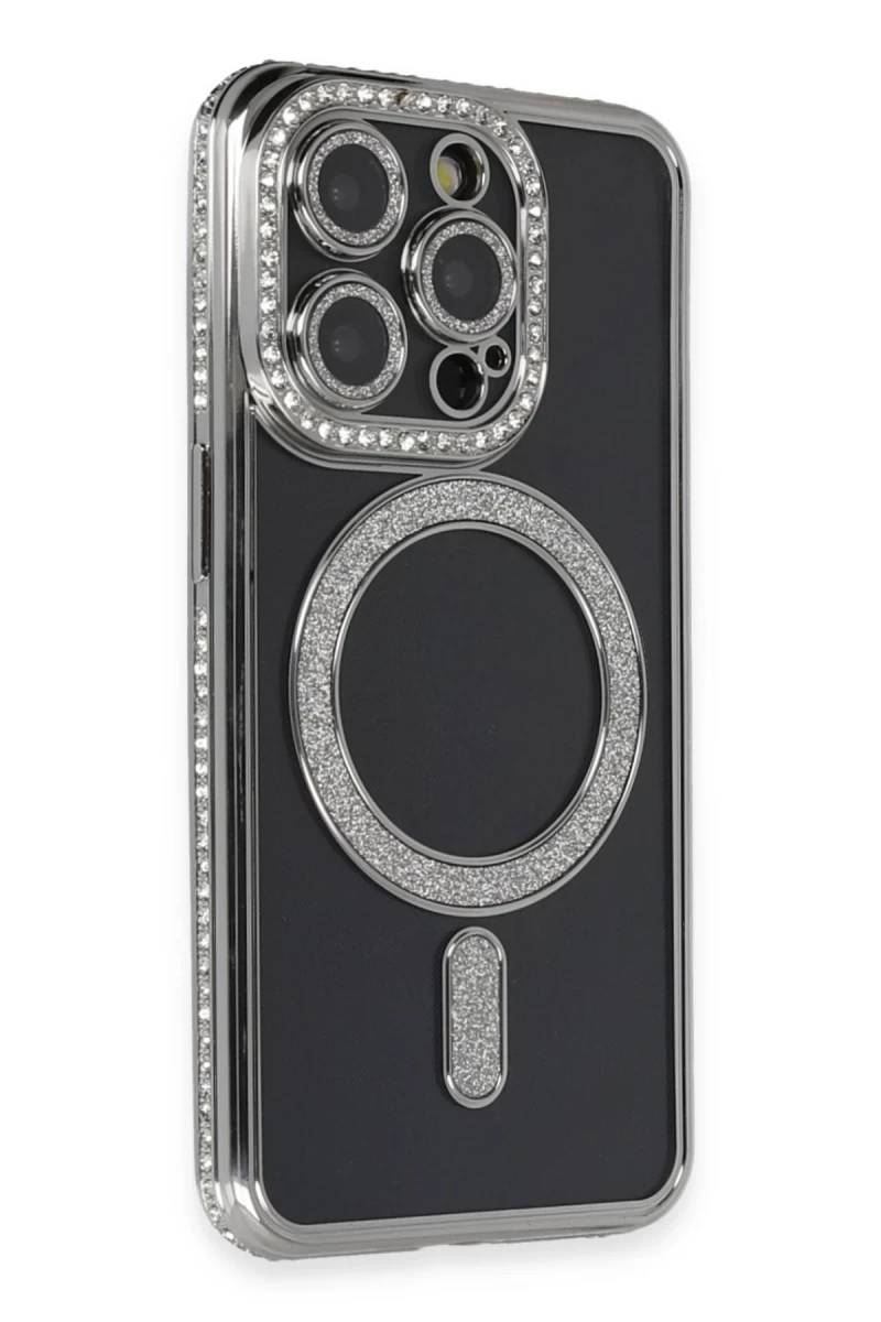 Apple iPhone 14 Pro Max Uyumlu Kılıf Joke Simli Magneticsafe Kılıf - Gri