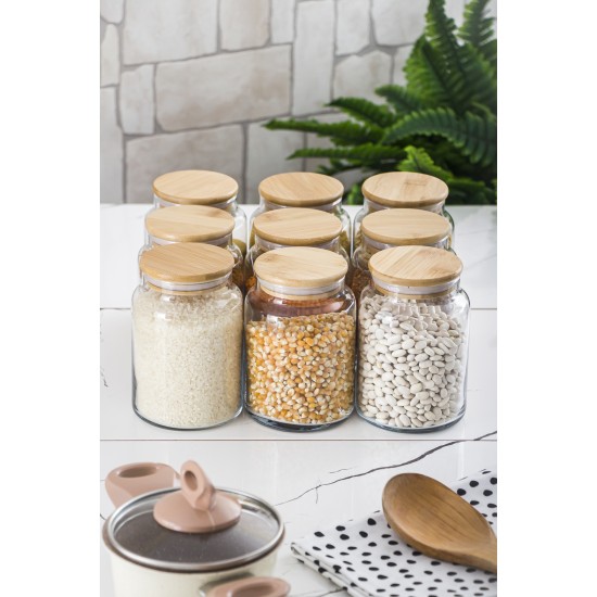 9 Lu Set Bambu Kapaklı Cam Kavanoz & Erzak Saklama Kabı 800 ml Orta Boy ( Vakum Kapak )