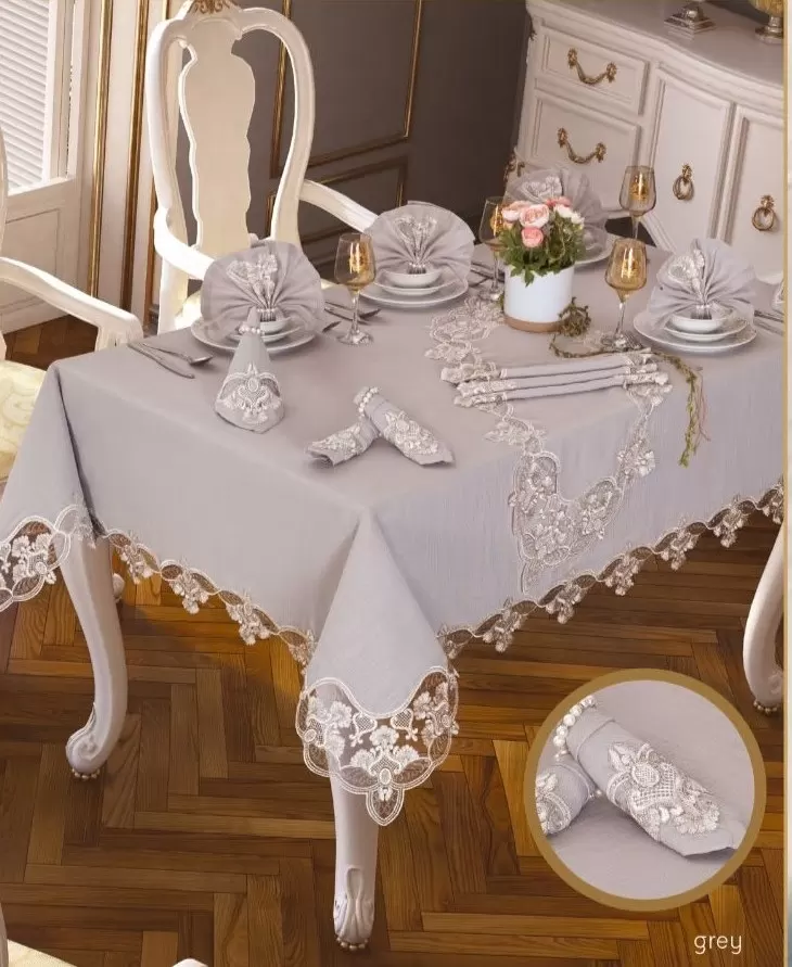 Gardenya Keten Karanfil Gri 26 Parça 12 Kişilik160 × 260 cm Masa Takımı