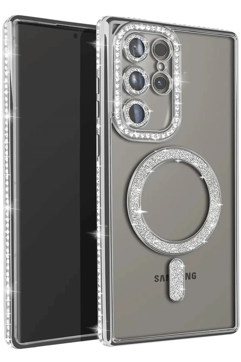 Samsung Galaxy S25 Ultra Uyumlu Kılıf Joke Simli Magneticsafe Kılıf - Gümüş