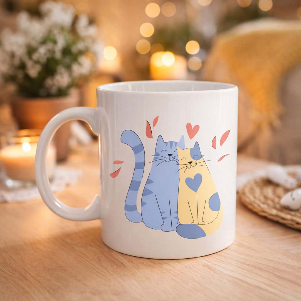 Sevimli Aşık Kediler Desenli Porselen Kupa Model 42 – Love Cats Tasarım Sevgiliye Hediye, Kahve &amp; Çay Kupası