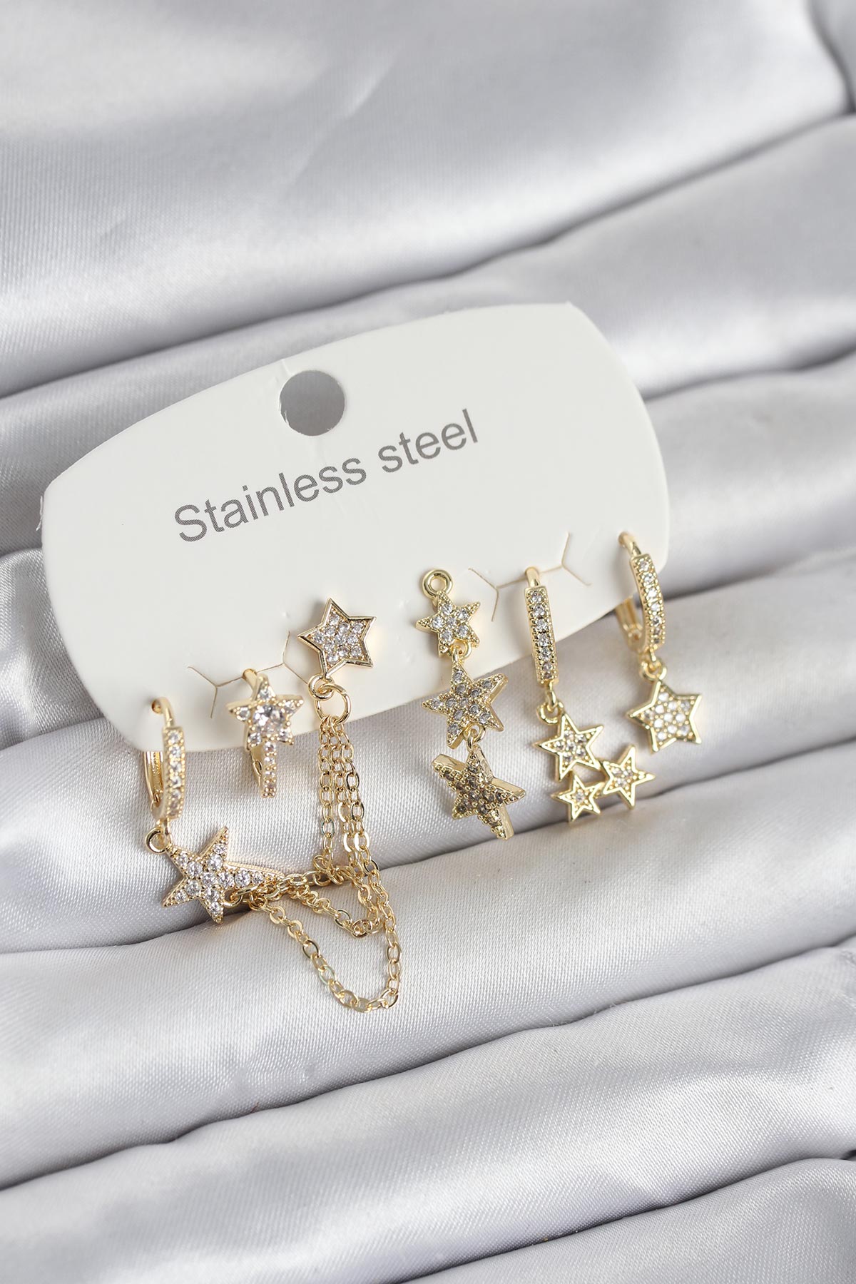 316L Çelik Gold Renk 6&amp;#39lı Set Zincirli Yıldız Modelli Kadın Küpe
