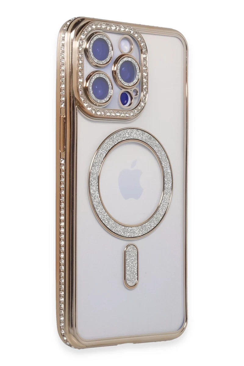 Apple iPhone 15 Pro Max Uyumlu Kılıf Joke Simli Magneticsafe Kılıf - Gold