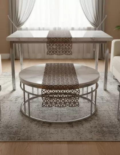 Salon Takımı 5 Parça Dantel Masa Örtüsü Runner Seti Angles Model No 856 Kahverengi