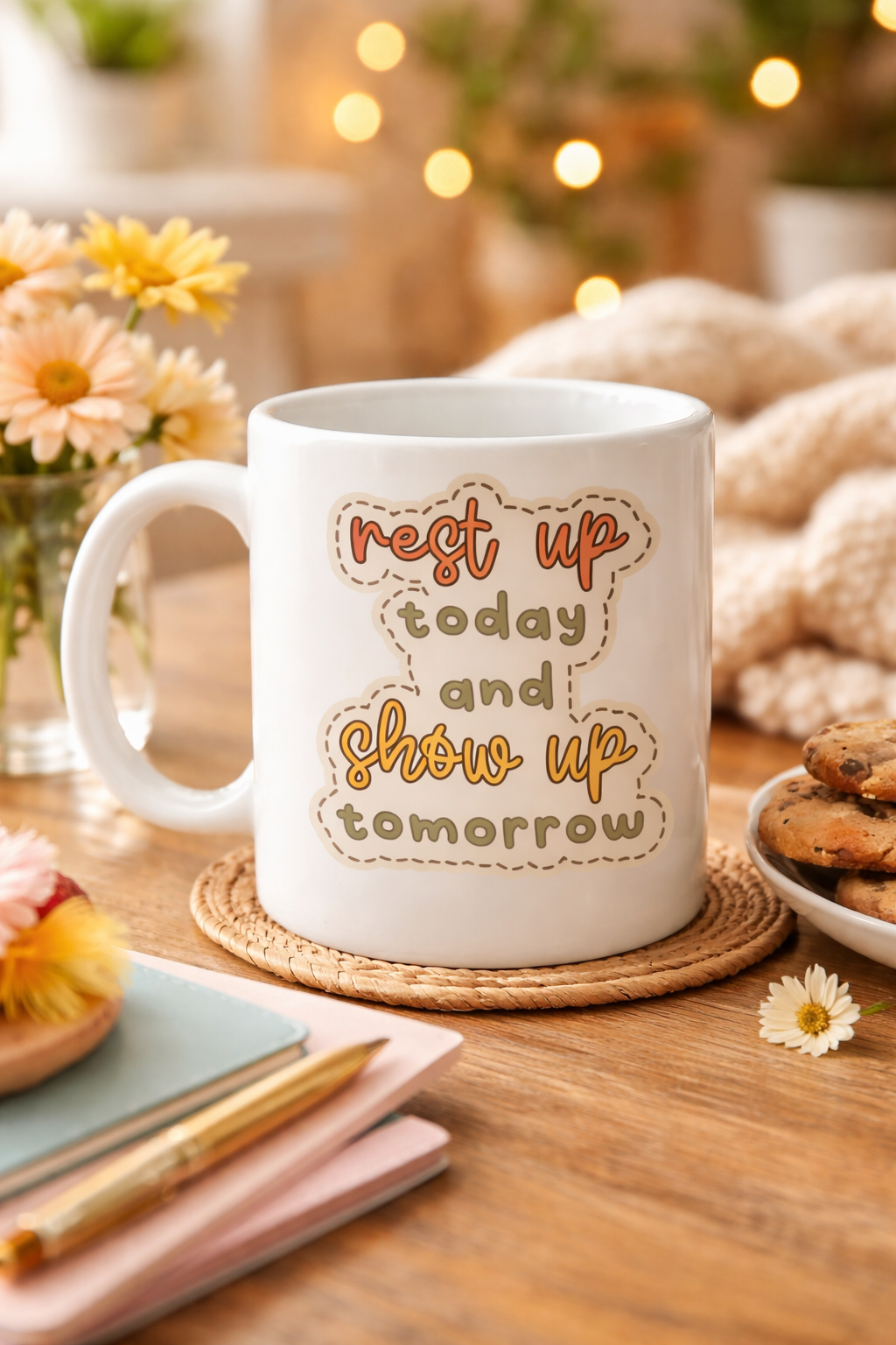 Motivasyon Mesajlı Porselen Kupa MODEL 146 – “Rest Up Today, Show Up Tomorrow” Yazılı – Kahve &amp; Çay Kupası – Hediye Fikri