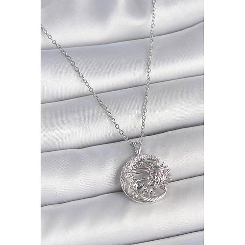 316L �elik G�m�� Renk Zincir Ay G�ne� Model Zirkon Ta� Detay Kad�n Kolye