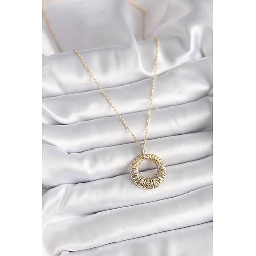 316L �elik Gold Renk Zincir G�m�� Zirkon Ta�l� Daire Model Kad�n Kolye
