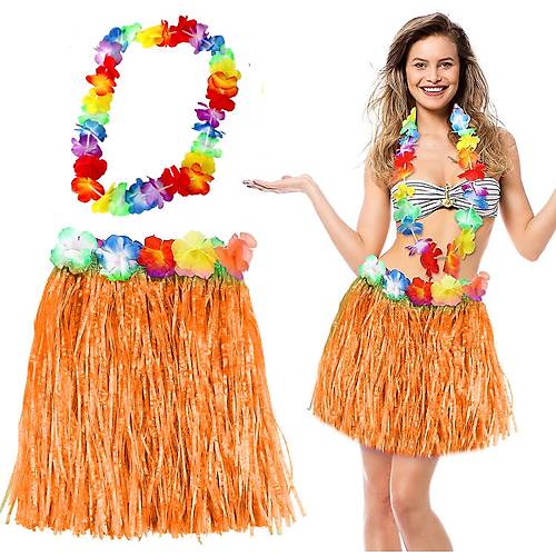 Hawaii Luau Aloha Turuncu P�sk�ll� 40 cm Etek ve Hawaii Kolye Seti