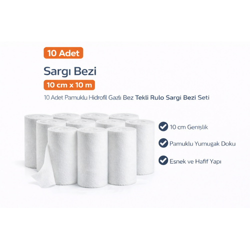 Sarg� Bezi 10 cm x 10 m 10 Adet Pamuklu Hidrofil Gazl� Bez Tekli Rulo Sarg� Bezi Seti