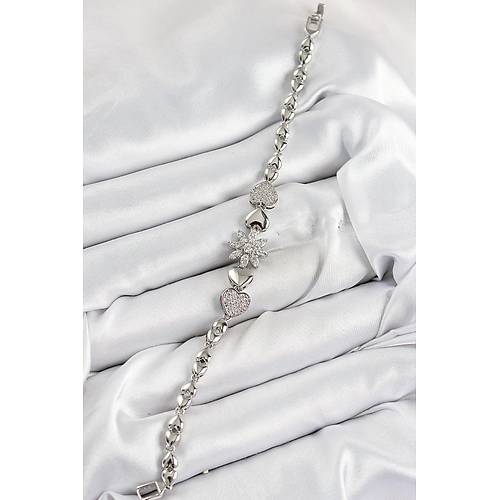 Pirin� Zirkon Ta�l� Kalp Detayl� �i�ek Model G�m�� Renk Kad�n Bileklik