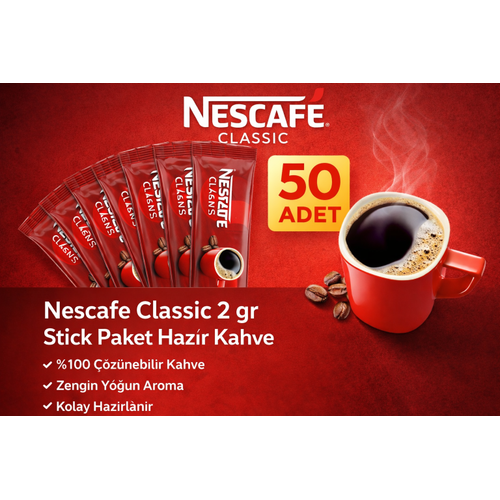Kahve Classic 2 gr 50 Adet Stick Paket Haz�r Kahve %100 ��z�nebilir Zengin Yo�un Aroma