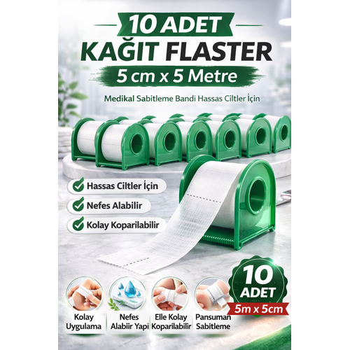 Ka��t Flaster 5 cm x 5 m 10 Adet Medikal Sabitleme Band� Hassas Ciltler ��in
