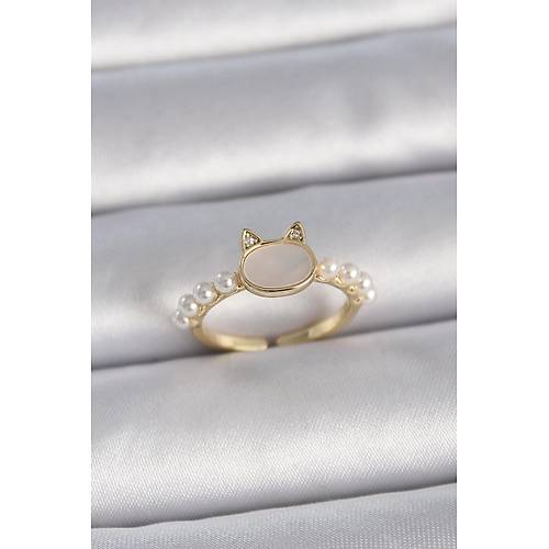 Pirin� Gold Renk Ayarlanabilir Beyaz Mineli Kedi Model �nci Detay Kad�n Y�z�k