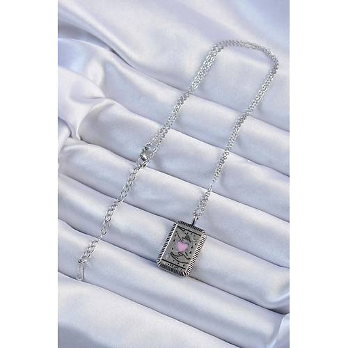 316L �elik Zincir Eskitme G�m�� Renk Pembe Mineli Kalp Fig�rl� Tarot Kolye