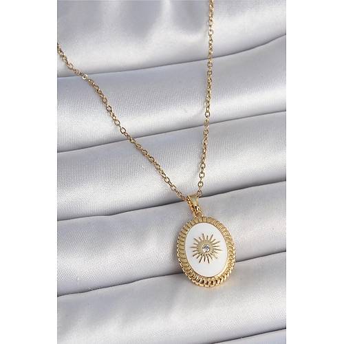 316L �elik Gold Renk Zincir Beyaz Mineli G�ne� ��lemeli Zirkon Ta� Detayl� Madalyon Model Kad�n Kolye
