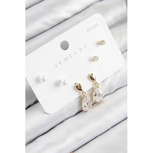 Pirin� Zirkon Ta�l� Sallant�l� Damla Model Gold Renk 925 Ayar G�m�� �ivi Kad�n K�pe Set