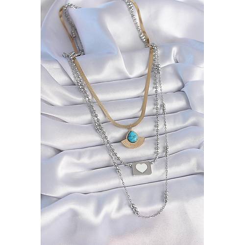 316L �elik Mix Renk 3'l� Zincir Damla Madalyon Fig�r Uzun Kad�n Kolye