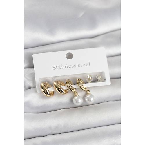 316L �elik Gold Renk inci Halka Detayl� Kad�n K�pe Seti