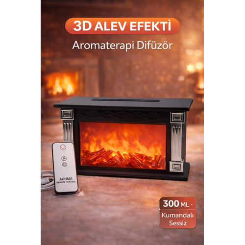 AUHMA Fireplace Aromaterapi Dif�z�r 300ML Ultrasonik Hava Nemlendirici Kumandal� 3D Alev Efektli Buhar Makinesi