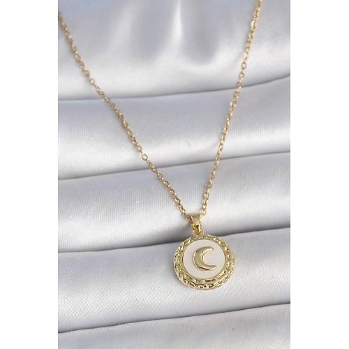 316L �elik Gold Renk Zincir Beyaz Mineli Hilal ��lemeli Madalyon Model Kad�n Kolye
