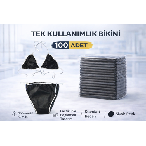 Tek Kullan�ml�k Bikini 100 Adet Nonwoven Kuma� Siyah Lastikli ve Ba�lamal� Standart Beden