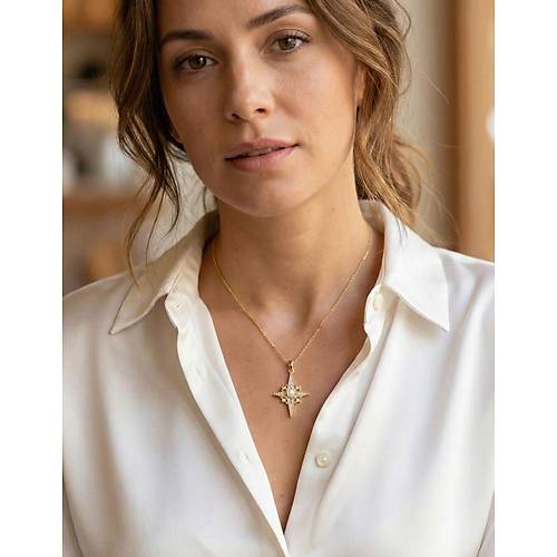 316L �elik Zincir Gold Renk Kutup Y�ld�z� Model Zirkon Ta�l� Kad�n Kolye