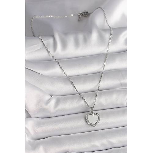 316L �elik G�m�� Renk Zincir Zirkon Ta�l� Beyaz Mineli Kalp Model Kad�n Kolye