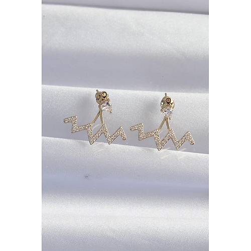 Pirin� Gold Renk Zirkon Ta�l� Zikzak K�pe