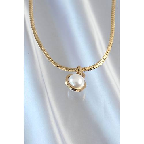 316L �elik Gold Renk Yass� Zincir �nci Ta�l� Kolye