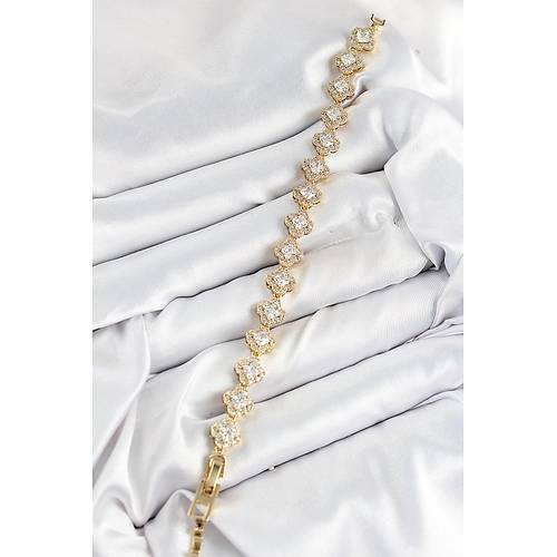 Pirin� Zirkon Ta�l� Yonca Baget Model Gold Renk VIP Seri Kad�n Bileklik