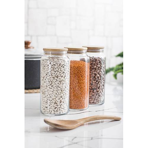3'l� Bambu Kapakl� Cam Kavanoz & Erzak Saklama Kab� Seti 1.300 ml B�y�k Boy ( Vakum Kapak )