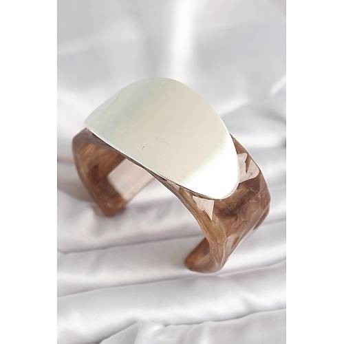 Kahverengi Mermer Desen Akrilik Plastik G�m�� Oval Plaka Model Vintage Kad�n Bilezik