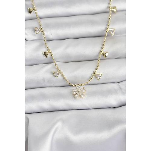 Pirin� Gold Renk Zirkon Ta�l� �i�ek Model Kad�n Kolye