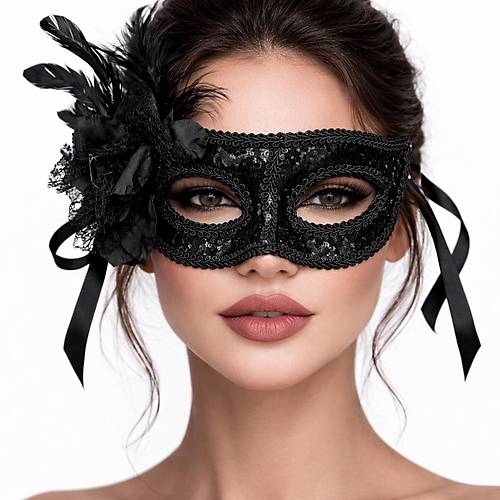 Siyah Venedik Parti Maskesi � �i�ekli T�yl� Payetli
