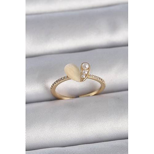 Pirin� G�m�� Renk Ayarlanabilir Zirkon Ta�l� Beyaz Mineli Kalp Model Kad�n Y�z�k