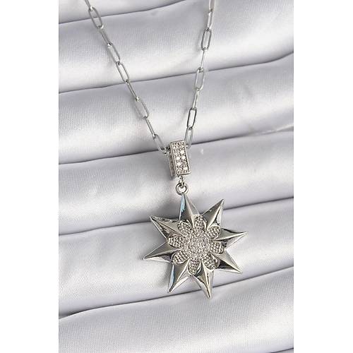 316L �elik G�m�� Renk Zirkon Ta�l� Kutup Y�ld�z� Model Kad�n Kolye