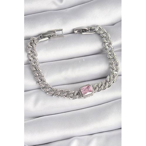 Pirin� G�m�� Renk Pembe Kare Zirkon Ta�l� VIP Seri Kad�n Bileklik