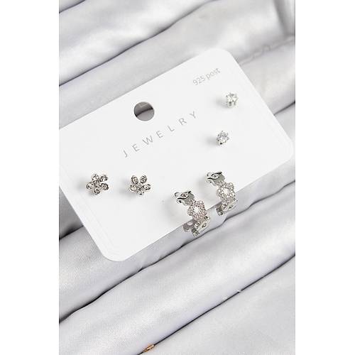 Pirin� Zirkon Ta�l� Halka Model G�m�� Renk 925 Ayar G�m�� �ivi Kad�n K�pe Set